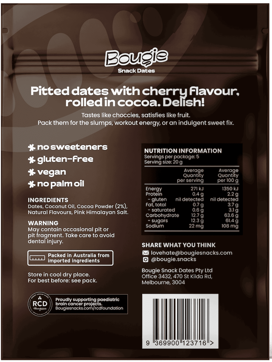 Back of a Bougie Snack Dates pouch package, showing product details, ingredients, nutrition information, and a barcode on a dark brown background with a blurred pouch image.